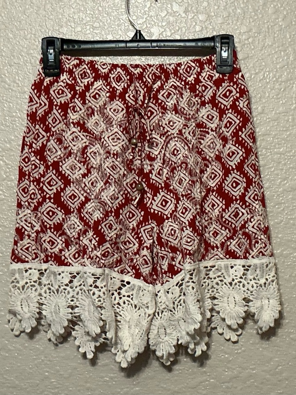 Solitaire Rust & Cream Embroidered Printed Shorts with Scalloped Lace Trim